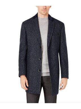 Tallia Mens Wool-Blend Slim-Fit Herringbone Overcoat Navy Blue Size L Coat